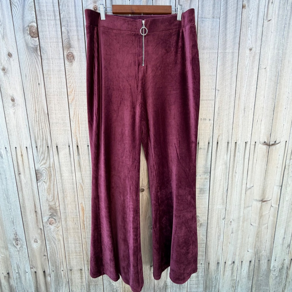 Forever 21 2X Burgundy Corduroy O-Ring Zip Wide Leg Pants 70s Retro Y2K Indie